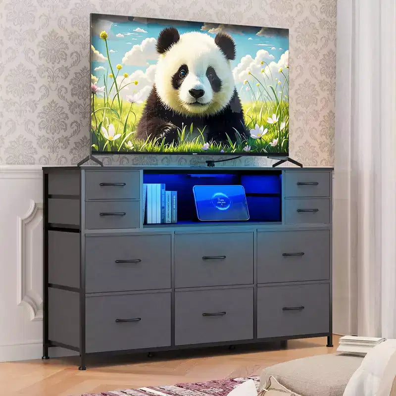 Commode de rangement à 10 tiroirs en tissu, meuble TV avec prise de courant et lumière LED pour téléviseurs de 45 à 55 pouces, commode avec plateau en bois pour chambre à coucher