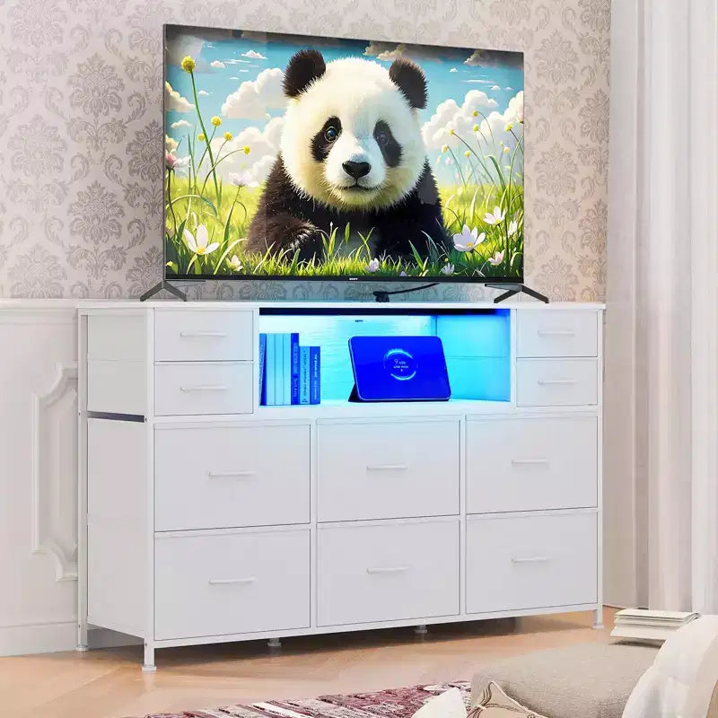 Commode de rangement à 10 tiroirs en tissu, meuble TV avec prise de courant et lumière LED pour téléviseurs de 45 à 55 pouces, commode avec plateau en bois pour chambre à coucher