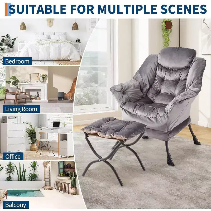 Fauteuil de relaxation COZONY avec pouf, chaise d'appoint moderne avec repose-pieds et poche latérale pour salon, chambre, dortoir, bureau