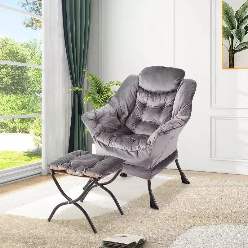 Fauteuil de relaxation COZONY avec pouf, chaise d'appoint moderne avec repose-pieds et poche latérale pour salon, chambre, dortoir, bureau