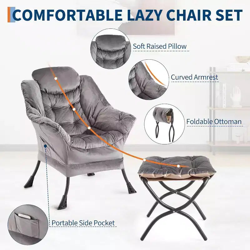 Fauteuil de relaxation COZONY avec pouf, chaise d'appoint moderne avec repose-pieds et poche latérale pour salon, chambre, dortoir, bureau