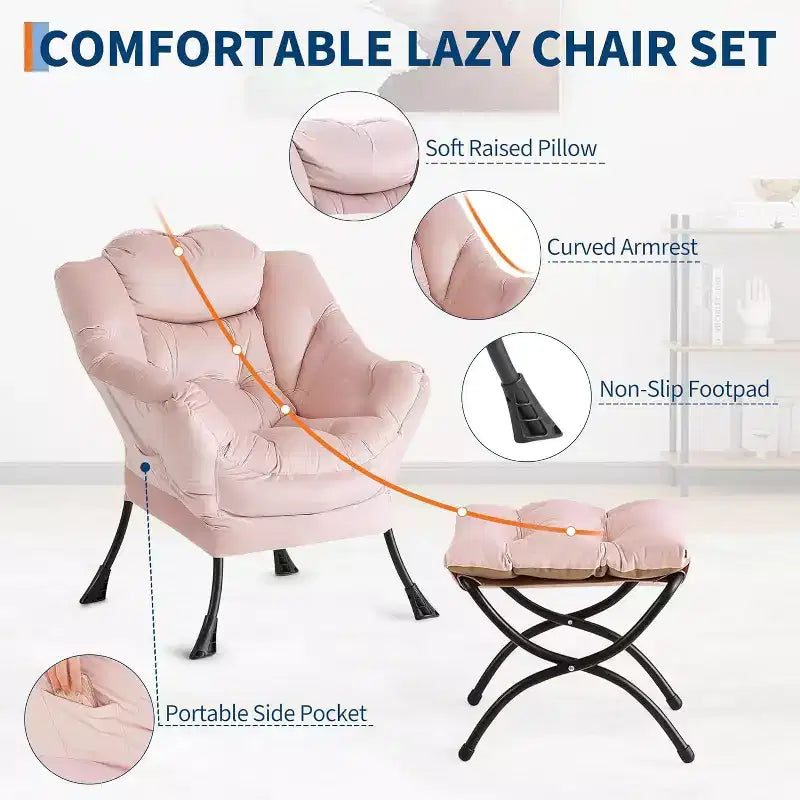 Fauteuil de relaxation COZONY avec pouf, chaise d'appoint moderne avec repose-pieds et poche latérale pour salon, chambre, dortoir, bureau