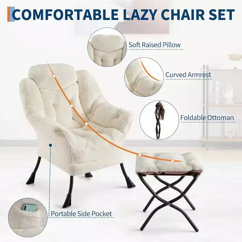 Fauteuil de relaxation COZONY avec pouf, chaise d'appoint moderne avec repose-pieds et poche latérale pour salon, chambre, dortoir, bureau