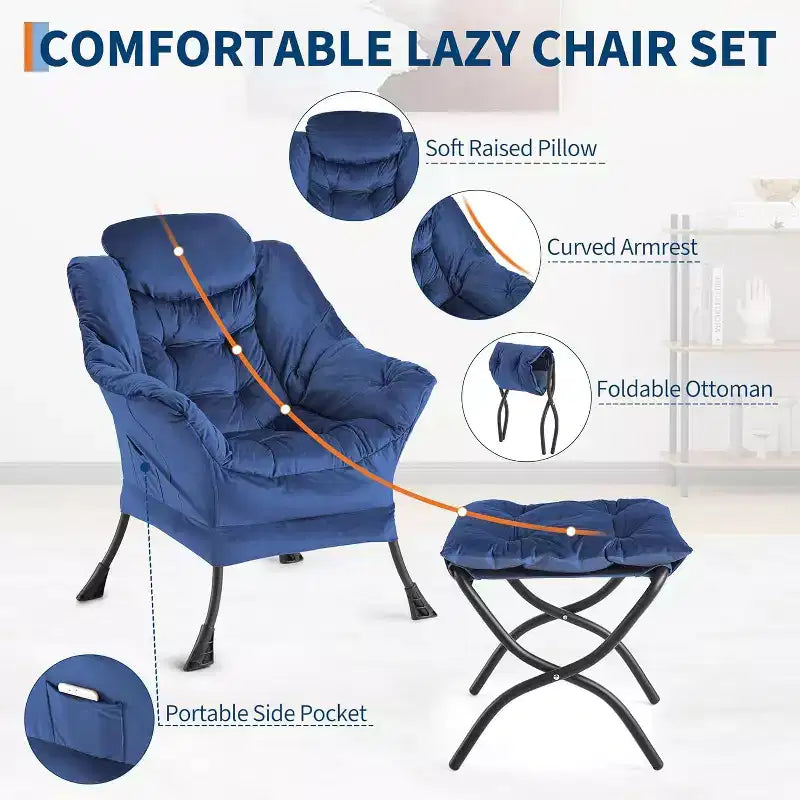 Fauteuil de relaxation COZONY avec pouf, chaise d'appoint moderne avec repose-pieds et poche latérale pour salon, chambre, dortoir, bureau