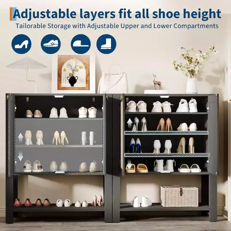 Meuble à chaussures en rotin pour entrée, étagère de rangement de ferme à 5 niveaux, armoire à chaussures étroite avec 2 portes et étagère ouverte pour couloir et salon