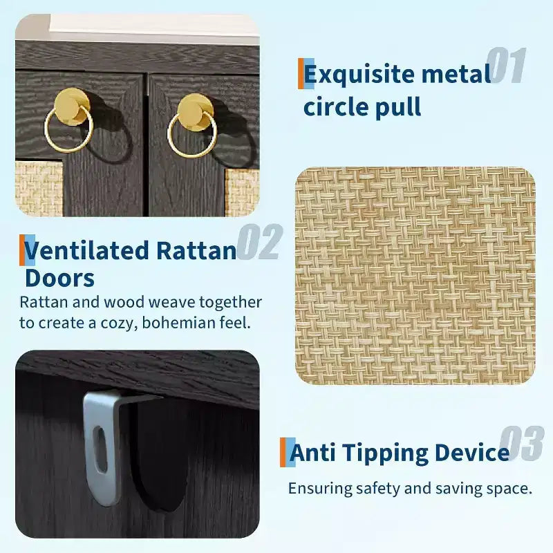 Meuble à chaussures en rotin pour entrée, étagère de rangement de ferme à 5 niveaux, armoire à chaussures étroite avec 2 portes et étagère ouverte pour couloir et salon