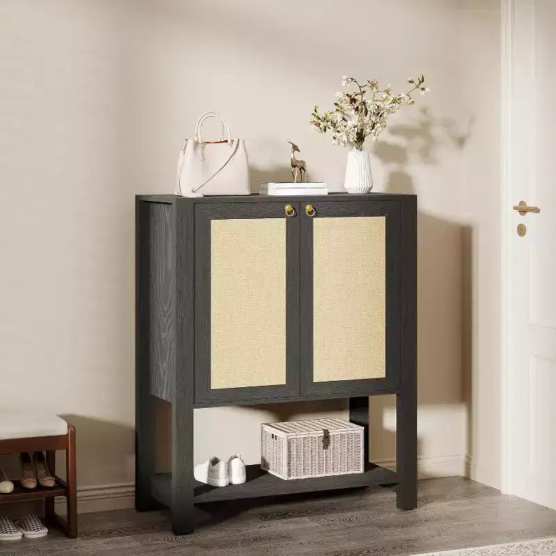 Meuble à chaussures en rotin pour entrée, étagère de rangement de ferme à 5 niveaux, armoire à chaussures étroite avec 2 portes et étagère ouverte pour couloir et salon