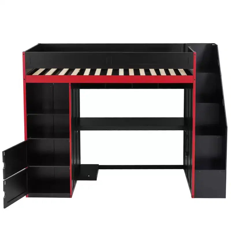 Lit mezzanine de jeu double/complet avec bureau et escalier de rangement, lit mezzanine en bois massif avec lumières LED, armoire et étagères, lit de jeu peu encombrant