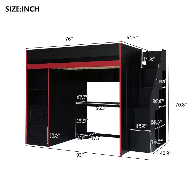 Lit mezzanine de jeu double/complet avec bureau et escalier de rangement, lit mezzanine en bois massif avec lumières LED, armoire et étagères, lit de jeu peu encombrant