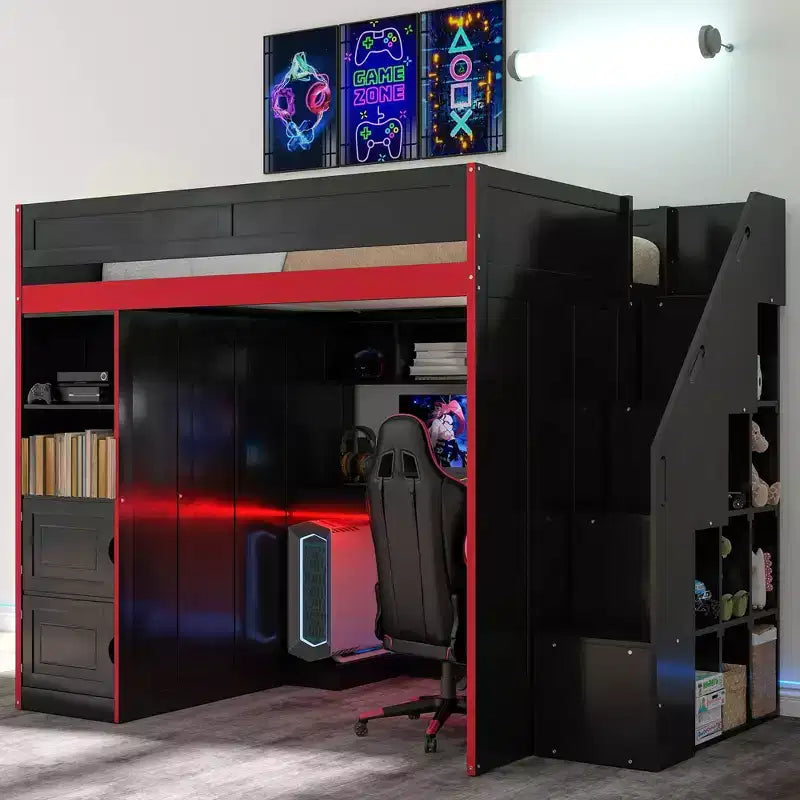Lit mezzanine de jeu double/complet avec bureau et escalier de rangement, lit mezzanine en bois massif avec lumières LED, armoire et étagères, lit de jeu peu encombrant