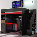 Lit mezzanine de jeu double/complet avec bureau et escalier de rangement, lit mezzanine en bois massif avec lumières LED, armoire et étagères, lit de jeu peu encombrant