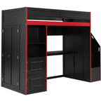 Lit mezzanine de jeu double/complet avec bureau et escalier de rangement, lit mezzanine en bois massif avec lumières LED, armoire et étagères, lit de jeu peu encombrant