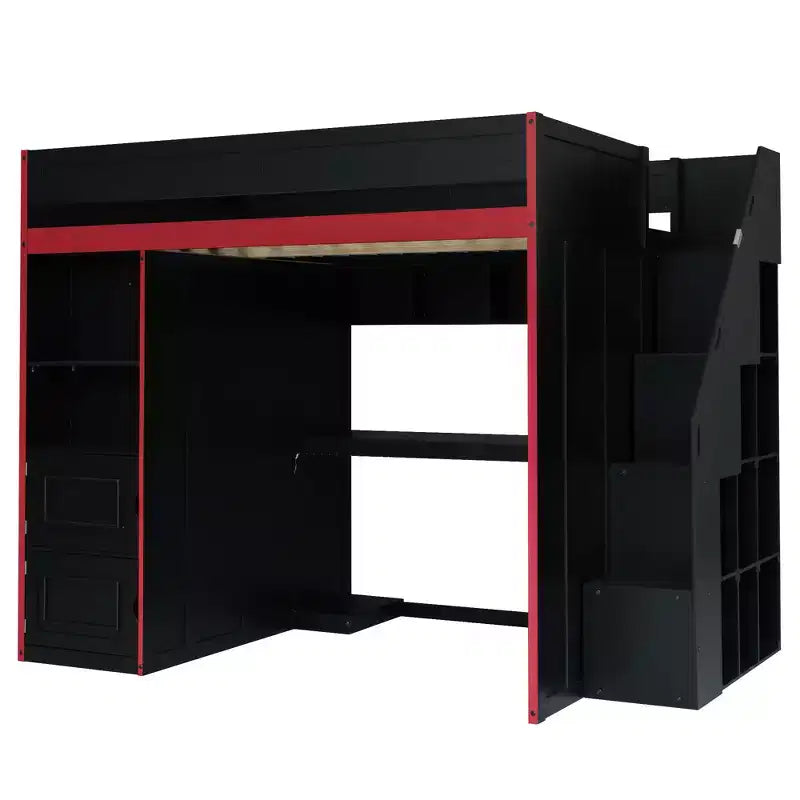 Lit mezzanine de jeu double/complet avec bureau et escalier de rangement, lit mezzanine en bois massif avec lumières LED, armoire et étagères, lit de jeu peu encombrant