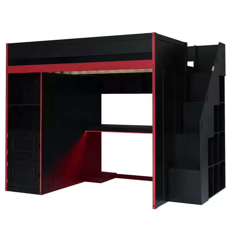 Lit mezzanine de jeu double/complet avec bureau et escalier de rangement, lit mezzanine en bois massif avec lumières LED, armoire et étagères, lit de jeu peu encombrant