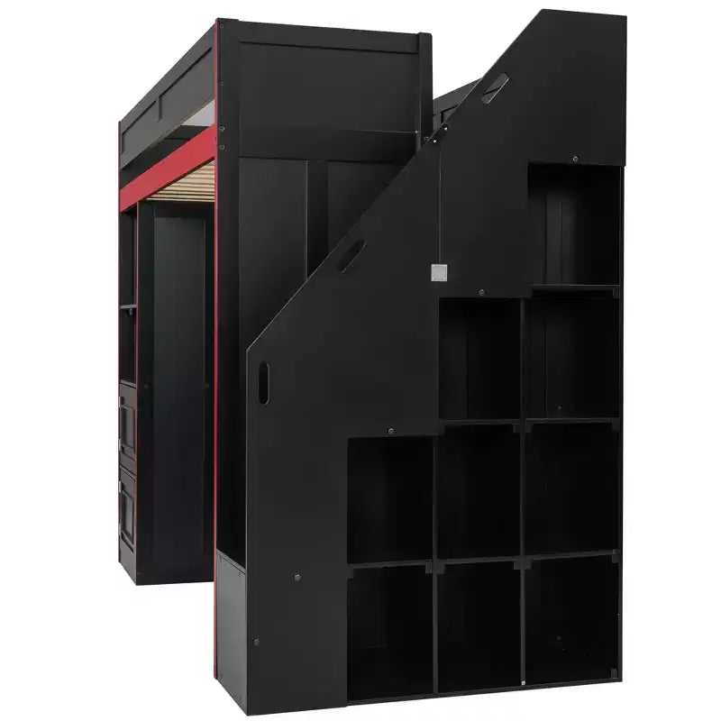 Lit mezzanine de jeu double/complet avec bureau et escalier de rangement, lit mezzanine en bois massif avec lumières LED, armoire et étagères, lit de jeu peu encombrant