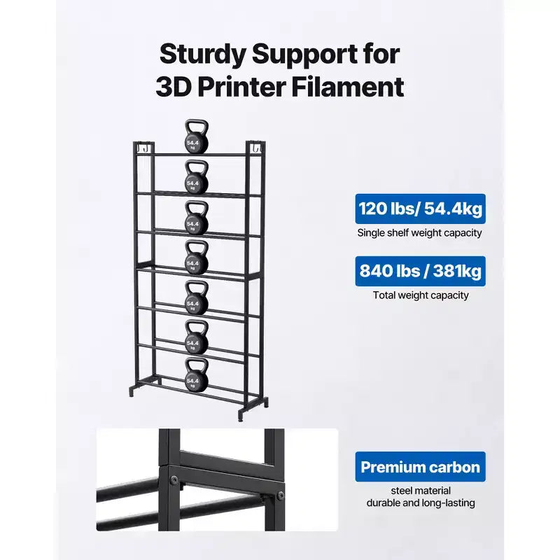 Étagère de rangement pour filaments d'imprimante 3D VEVOR, étagères de rangement robustes à 7 niveaux pour filaments d'impression 3D, supports de bobines de filaments (étagère seule), noir