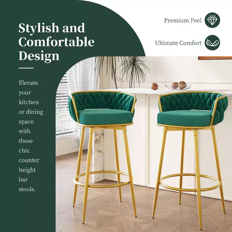 TUYOHW Lot de 2 tabourets de bar pivotants de 80 cm, tabourets de bar de luxe avec base en métal doré et dossier tressé à la main, capacité de 130 kg
