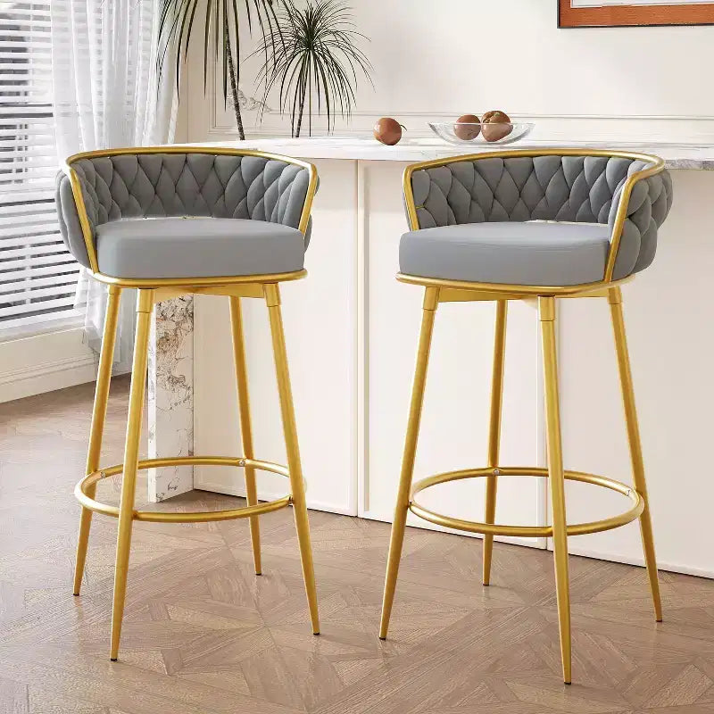 TUYOHW Lot de 2 tabourets de bar pivotants de 80 cm, tabourets de bar de luxe avec base en métal doré et dossier tressé à la main, capacité de 130 kg