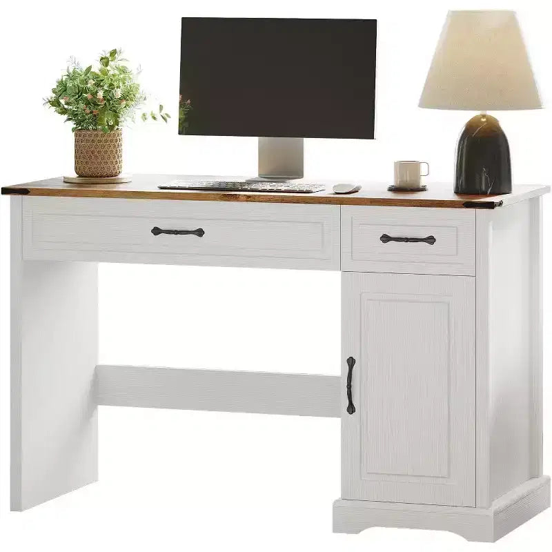 Bureau exécutif de ferme de 47 pouces avec tiroirs et armoire de rangement - Poste de travail rustique pour bureau à domicile/étude/chambre à coucher, blanc antique