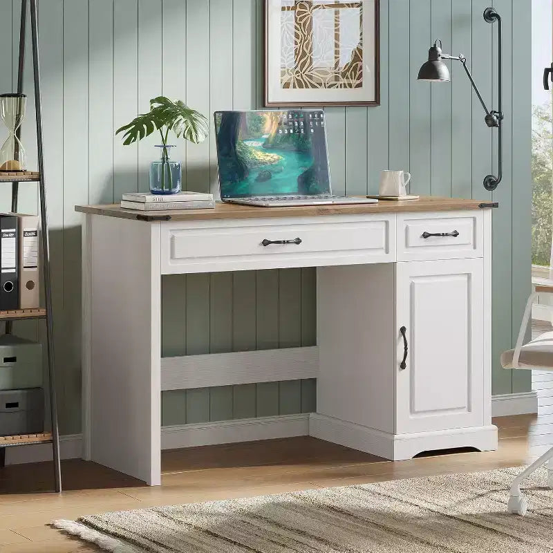 Bureau exécutif de ferme de 47 pouces avec tiroirs et armoire de rangement - Poste de travail rustique pour bureau à domicile/étude/chambre à coucher, blanc antique