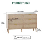 Commode à 6 tiroirs en rotin avec poignées en métal doré, commode de style rustique avec 5 pieds robustes pour chambre à coucher, salon, couloir et entrée