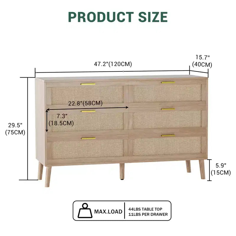 Commode à 6 tiroirs en rotin avec poignées en métal doré, commode de style rustique avec 5 pieds robustes pour chambre à coucher, salon, couloir et entrée
