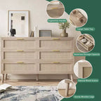 Commode à 6 tiroirs en rotin avec poignées en métal doré, commode de style rustique avec 5 pieds robustes pour chambre à coucher, salon, couloir et entrée