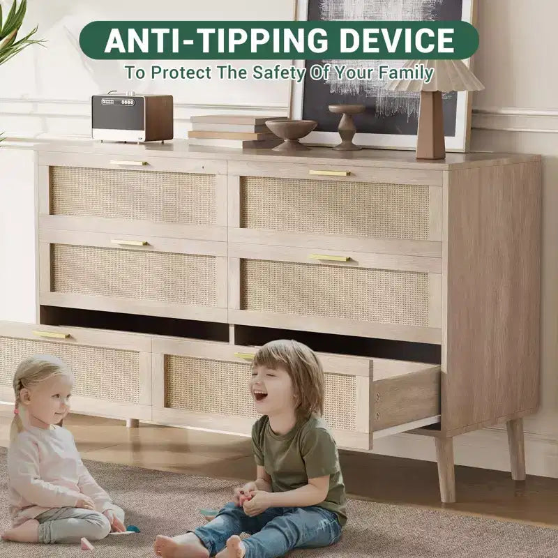 Commode à 6 tiroirs en rotin avec poignées en métal doré, commode de style rustique avec 5 pieds robustes pour chambre à coucher, salon, couloir et entrée
