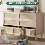 Commode à 6 tiroirs en rotin avec poignées en métal doré, commode de style rustique avec 5 pieds robustes pour chambre à coucher, salon, couloir et entrée