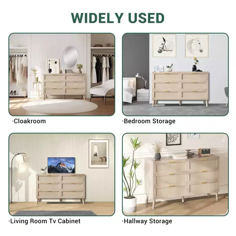 Commode à 6 tiroirs en rotin avec poignées en métal doré, commode de style rustique avec 5 pieds robustes pour chambre à coucher, salon, couloir et entrée
