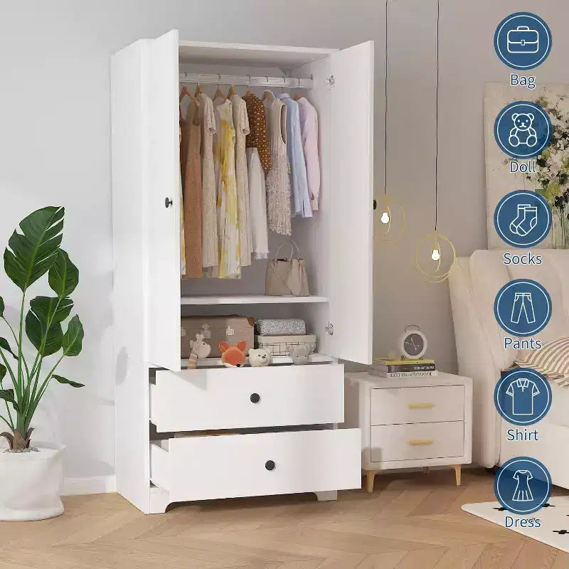 Armoire, Armoire de Rangement pour Vêtements en Bois de 71", 1 Étagère Réglable et 2 Tiroirs, Armoire avec Tringle pour Chambre à Coucher