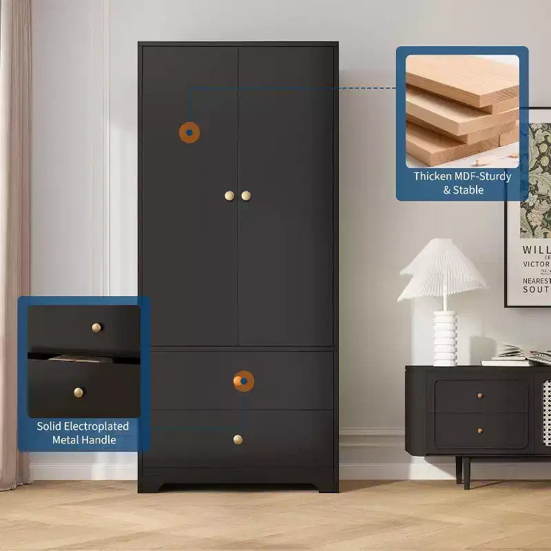Armoire, Armoire de Rangement pour Vêtements en Bois de 71", 1 Étagère Réglable et 2 Tiroirs, Armoire avec Tringle pour Chambre à Coucher