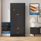 Armoire, Armoire de Rangement pour Vêtements en Bois de 71", 1 Étagère Réglable et 2 Tiroirs, Armoire avec Tringle pour Chambre à Coucher