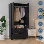 Armoire, Armoire de Rangement pour Vêtements en Bois de 71", 1 Étagère Réglable et 2 Tiroirs, Armoire avec Tringle pour Chambre à Coucher