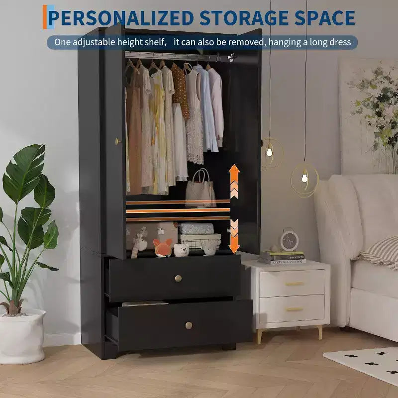 Armoire, Armoire de Rangement pour Vêtements en Bois de 71", 1 Étagère Réglable et 2 Tiroirs, Armoire avec Tringle pour Chambre à Coucher