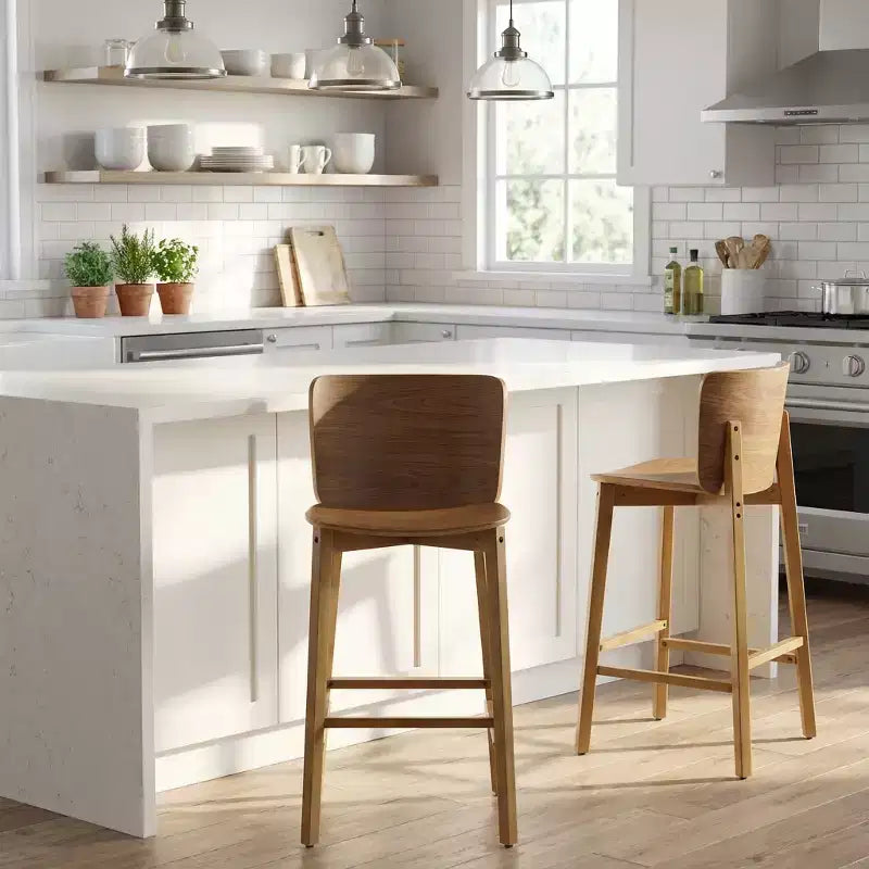 Lot de 2 tabourets de bar en bois, tabourets de comptoir, cadre en bois d'hévéa avec dossier ergonomique incurvé pour îlot de cuisine, bar à domicile, noyer - ModernLuxe