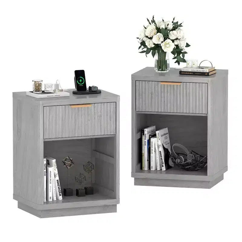 Fluted Nightstand Set of 2  Farmhouse Bedside Tables with Charging Station & 1-Drawer Storage (Mid-Century Modern)
