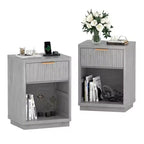 Fluted Nightstand Set of 2  Farmhouse Bedside Tables with Charging Station & 1-Drawer Storage (Mid-Century Modern)
