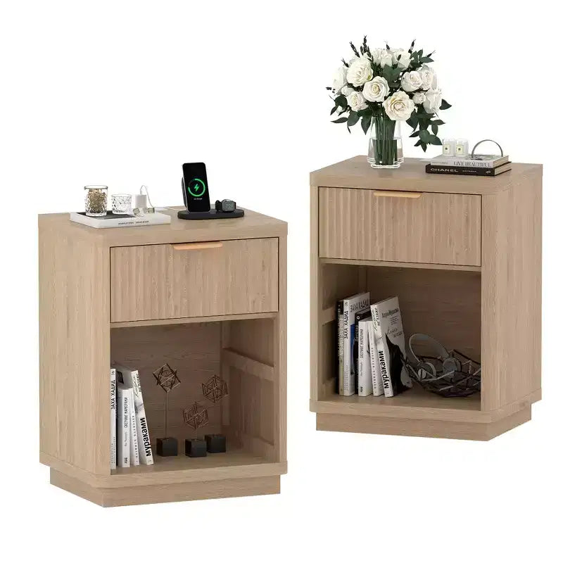 Tables de chevet cannelées, lot de 2, style ferme, avec station de charge et 1 tiroir de rangement (moderne milieu de siècle)