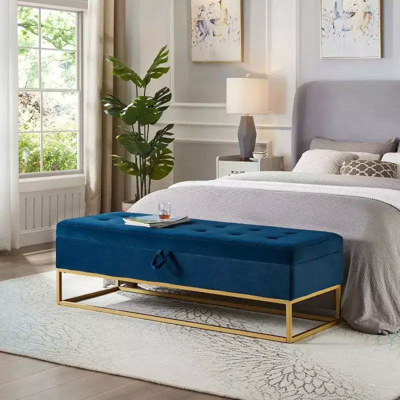 MAYEERTY 58.6 Banc de rangement, banc rembourré avec base en métal pour chambre à coucher, salon, couloir bleu