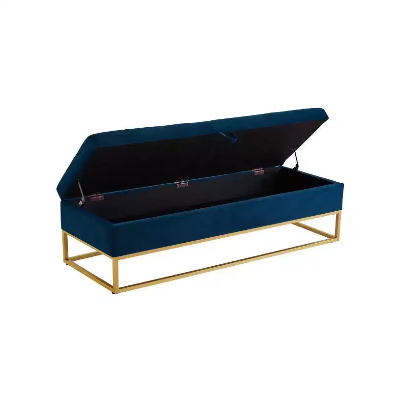 MAYEERTY 58.6 Banc de rangement, banc rembourré avec base en métal pour chambre à coucher, salon, couloir bleu