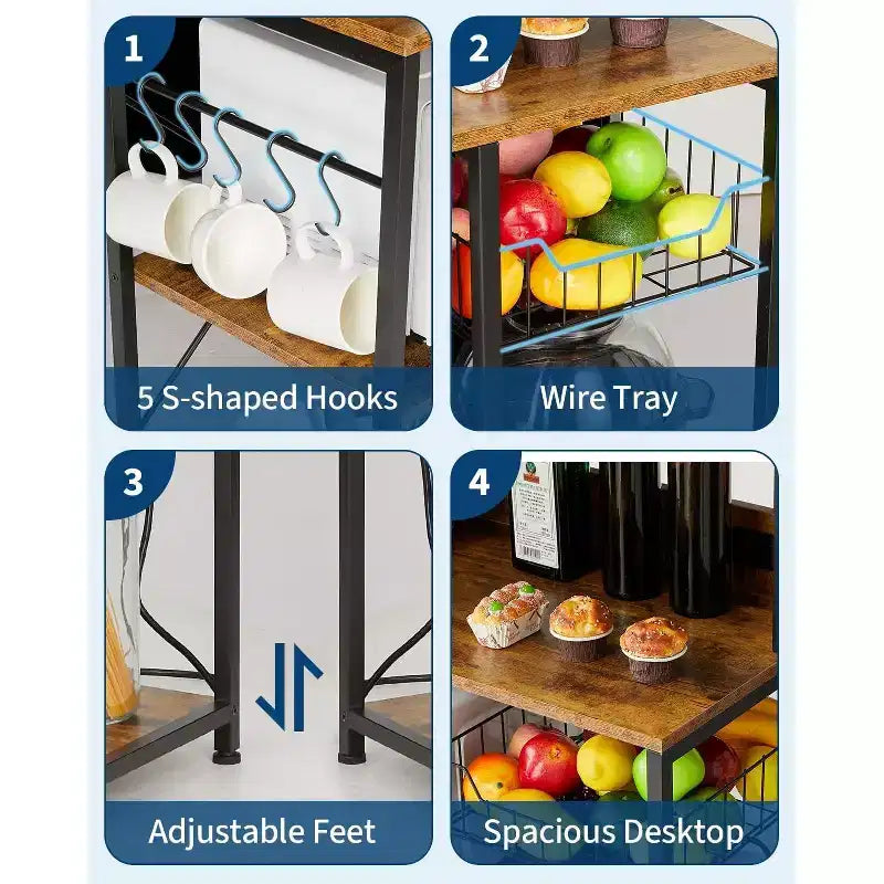 Étagère de Boulanger de Cuisine 55 * 66 pouces, Support de Four à Micro-ondes avec Rangement 4 Niveaux, Table de Bar à Café avec 6 Crochets en S, Étagère de Rangement de Cuisine pour Casseroles
