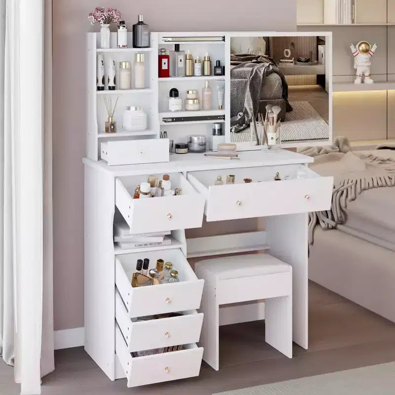 Table de toilette Okak 29.2/37 pouces avec tabouret rembourré, coiffeuse de grande capacité avec plusieurs couches, bureau de maquillage pour petit espace