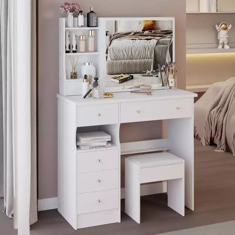 Table de toilette Okak 29.2/37 pouces avec tabouret rembourré, coiffeuse de grande capacité avec plusieurs couches, bureau de maquillage pour petit espace