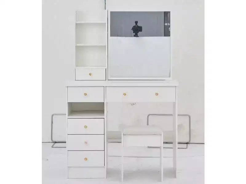 Table de toilette Okak 29.2/37 pouces avec tabouret rembourré, coiffeuse de grande capacité avec plusieurs couches, bureau de maquillage pour petit espace