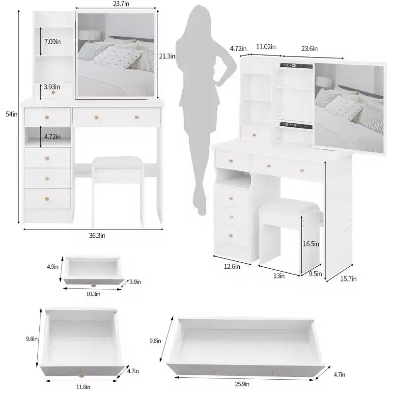 Table de toilette Okak 29.2/37 pouces avec tabouret rembourré, coiffeuse de grande capacité avec plusieurs couches, bureau de maquillage pour petit espace