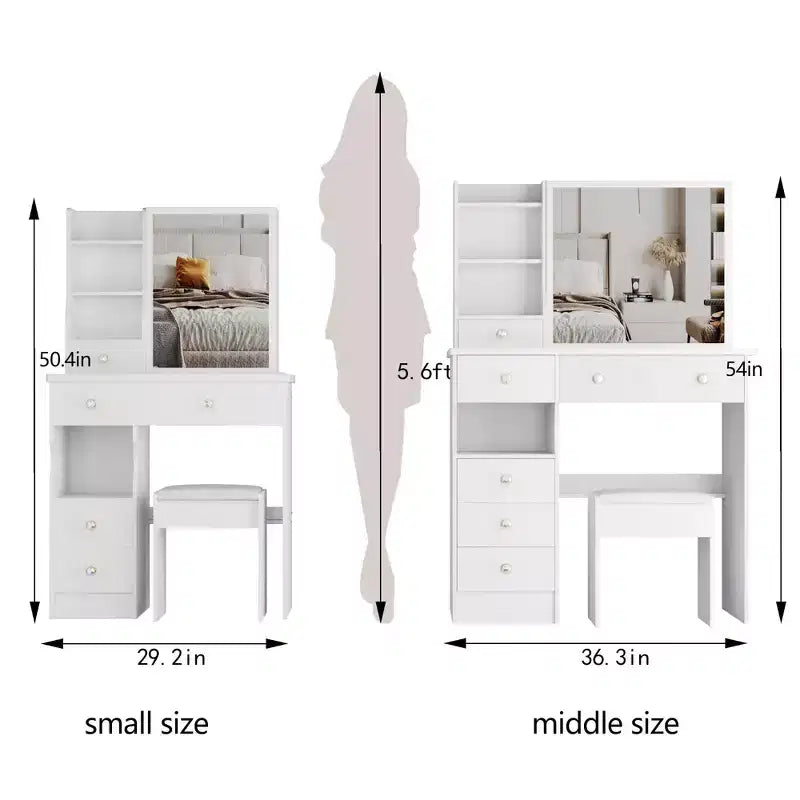 Table de toilette Okak 29.2/37 pouces avec tabouret rembourré, coiffeuse de grande capacité avec plusieurs couches, bureau de maquillage pour petit espace