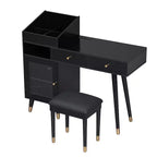 Coiffeuse moderne Okak avec tabouret rembourré, table de maquillage avec tiroirs, armoire et port de charge, coiffeuse pour petit espace, noir