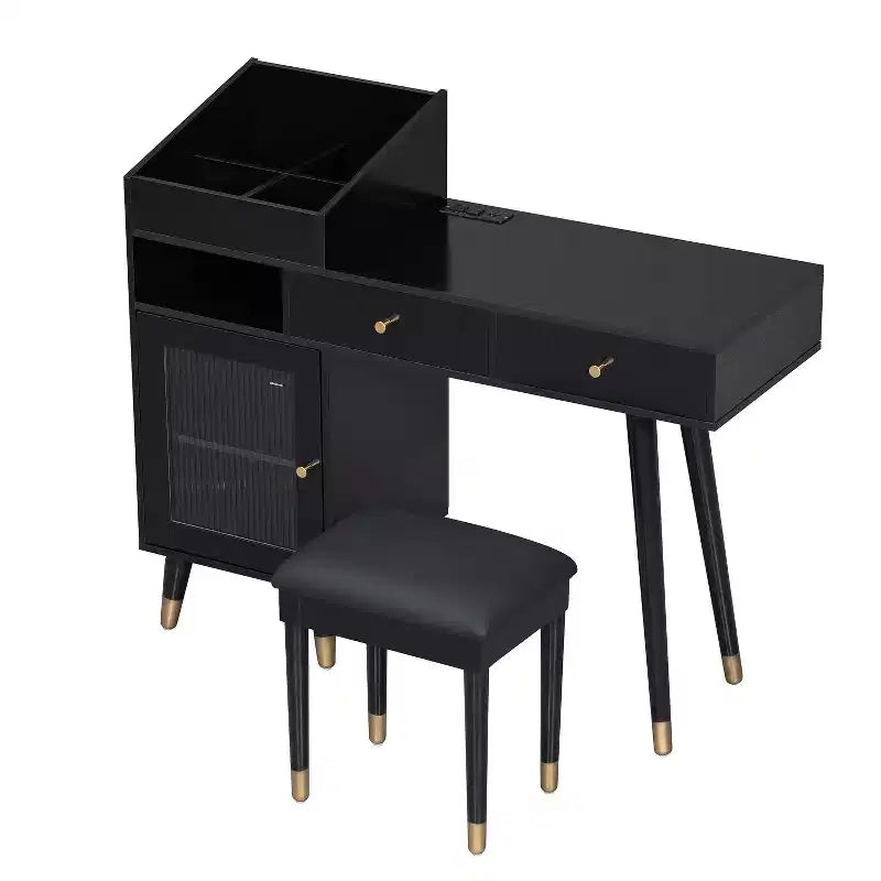 Coiffeuse moderne Okak avec tabouret rembourré, table de maquillage avec tiroirs, armoire et port de charge, coiffeuse pour petit espace, noir