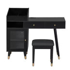 Coiffeuse moderne Okak avec tabouret rembourré, table de maquillage avec tiroirs, armoire et port de charge, coiffeuse pour petit espace, noir